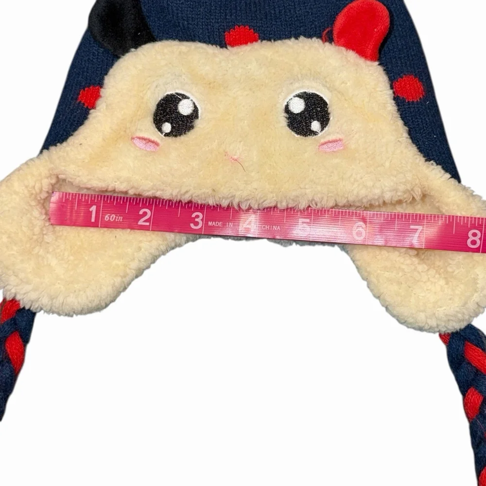 Girls Lady Bug Face Winter Knit Hat With Ear‎ Flaps Blue Red Beanie